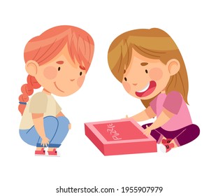 Happy Little Girls Playing Jigsaw Puzzle on the Floor Vector Illustration