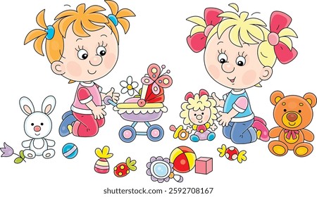 Happy little girls playing merrily with funny small doll, teddy bear, plush bunny and other colorful toys scattered on the floor in their playroom, vector cartoon illustration on a white background