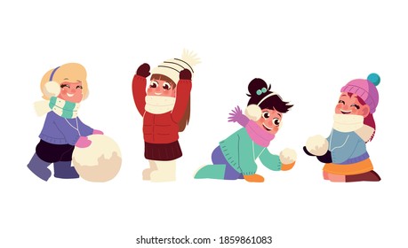 Niñas felices jugando con bolas de nieve en la ilustración vectorial de la temporada invernal