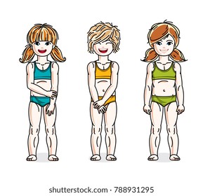 Happy little girls posing in colorful bikini. Vector set of beautiful kids illustrations.