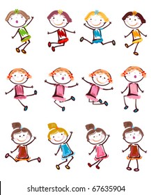happy little girls silhouettes playing