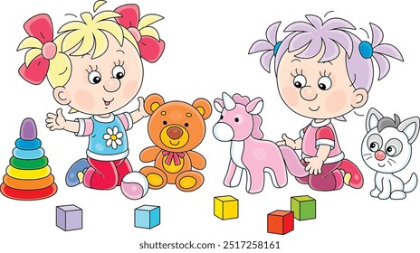 Happy little girls with a small kitten friendly talking, romping and playing with their funny toys in a playroom, vector cartoon illustration on a white background