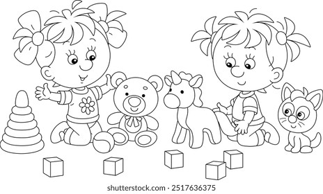 Happy little girls with a small kitten friendly talking, romping and playing with their funny toys in a playroom, black and white vector cartoon illustration for a coloring book