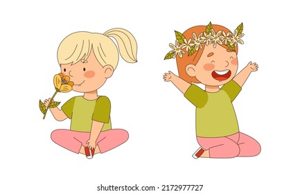 Happy little girls smelling spring flowers and weaving wreath cartoon vector illustration