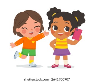 Happy little girls taking a selfie and playing together, best friends enjoying fun moment.