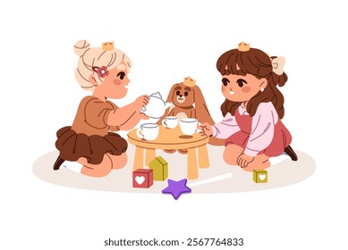 Happy little girls are at tea party with plush toy. Children friends have fun, drink from cups on the table. Kids play together at nursery. Flat isolated vector illustration on white background