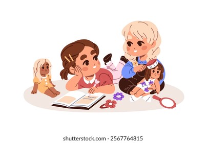 Happy little girls with toys have fun, play on the floor together. Cute children comb doll, drawing in notebook. Joyful kids writing in a diary. Flat isolated vector illustration on white background