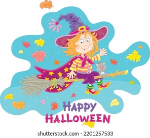 Happy little Halloween witch with a big hat and a cloak with stars flying among falling autumn leaves on her magic broom with a funny small cat, vector cartoon greeting card