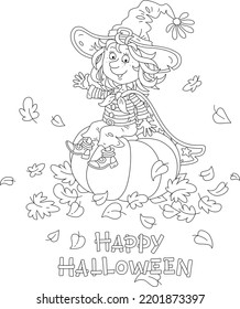 Happy little Halloween witch with a big hat and a cloak with stars sitting on a large orange pumpkin and waving in greeting among fallen autumn leaves, vector cartoon postcard