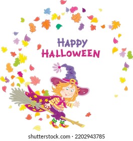Happy little Halloween witch with a big hat and a cloak with stars flying among falling autumn leaves on her magic broom, vector cartoon greeting card