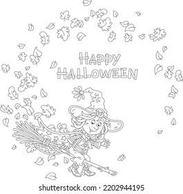 Happy little Halloween witch with a big hat and a cloak with stars flying among falling autumn leaves on her magic broom, vector cartoon greeting card