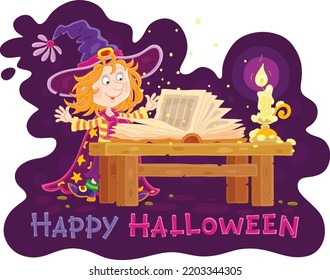 Happy little Halloween witch in a big hat and a cloak with stars saying mysterious spells from an old magic book by candlelight on a dark midnight, vector cartoon greeting card