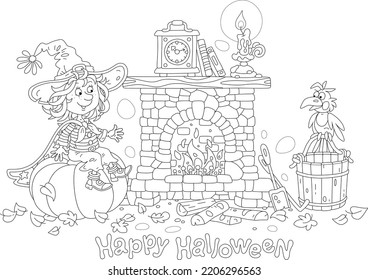 Happy little Halloween witch in a big hat sitting on a large pumpkin near a burning old fireplace and talking to a funny black crow on a mysterious holiday night, vector cartoon