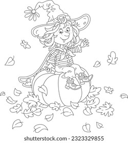 Happy little Halloween witch with a big hat and a cloak with stars sitting on a large pumpkin and waving in greeting among fallen autumn leaves, black and white vector cartoon illustration