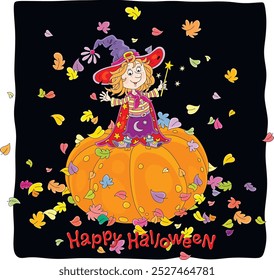 Happy little Halloween witch with a big hat and a cloak with stars standing on a large orange pumpkin and waving in greeting among colorful autumn leaves, vector cartoon postcard