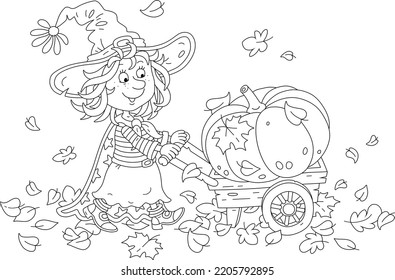 Happy little Halloween witch carrying a large ripe pumpkin in her garden wooden wheelbarrow through fallen autumn leaves, vector cartoon illustration isolated on white