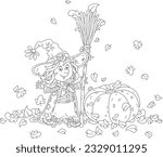 Happy little Halloween witch with her big hat, a magical flying broom and a large pumpkin among autumn leaves whirling around, black and white vector cartoon illustration