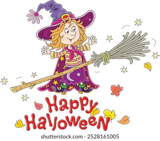 Happy little Halloween witch and her magical flying broom, vector cartoon illustration isolated on a white background