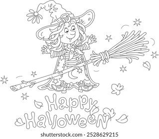 Happy little Halloween witch and her magical flying broom, black and white outline vector cartoon illustration for a coloring book