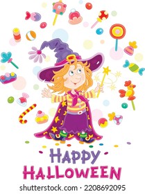 Happy little Halloween witch illusionist waving her magic wand and conjuring funny tricks with flying colorful sweets, vector cartoon illustration isolated on a white background