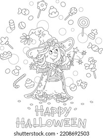 Happy little Halloween witch illusionist waving her magic wand and conjuring funny tricks with flying sweets, black and white outline vector cartoon illustration for a coloring book page