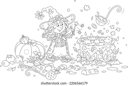 Happy little Halloween witch with a magic wand making tasty soup with a ripe pumpkin and other autumn vegetables in her kitchen for a festive dinner, vector cartoon illustration