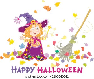 Happy little Halloween witch showing tricks with her magical broom sweeping fallen colorful leaves, vector cartoon greeting card