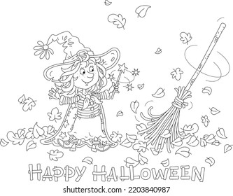 Happy little Halloween witch showing tricks with her magical broom sweeping fallen autumn leaves, black and white vector cartoon greeting card