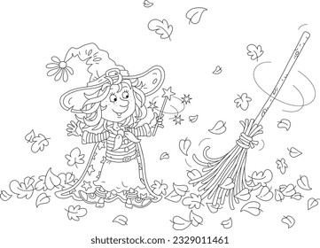 Happy little Halloween witch showing tricks with her magical broom sweeping fallen autumn leaves, black and white outline vector cartoon illustration for a coloring book