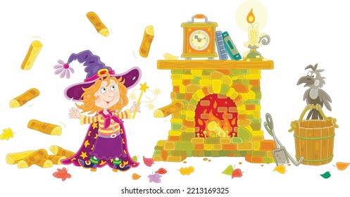 Happy little Halloween witch waving her magic wand and conjuring a funny trick with flying firewood for an old stone fireplace, vector cartoon illustration isolated on a white background