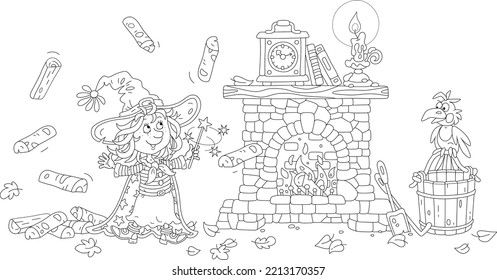 Happy little Halloween witch waving her magic wand and conjuring a funny trick with flying firewood for an old stone fireplace, black and white outline vector cartoon illustration