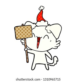 glückliche, handgezeichnete Comicbuchgrafik eines Hundes mit Santa-Hut