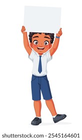 Happy little Indian school boy holding a blank banner. Cartoon vector illustration isolated on white background.