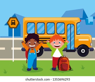 happy little interracial boys in the bus stop