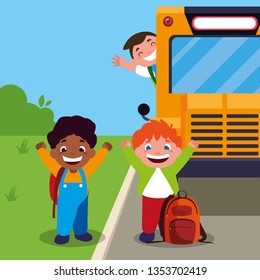 happy little interracial boys in the bus stop