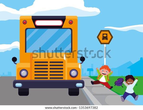 happy little\
interracial boys in the bus\
stop