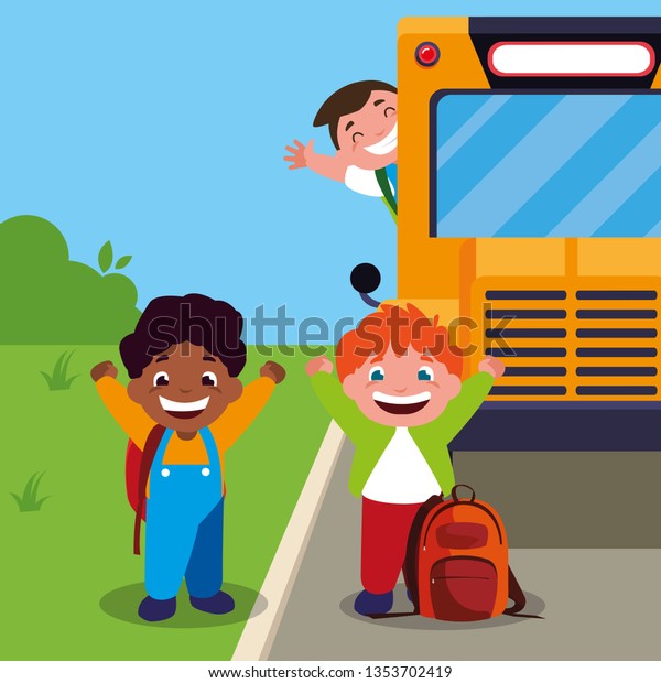 happy little
interracial boys in the bus
stop