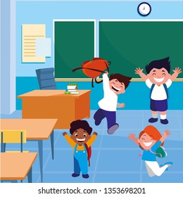 happy little interracial school kids in the classroom