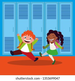 happy little interracial school kids in the school corridor