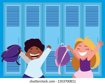happy little interracial school kids in the school corridor