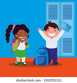 happy little interracial school kids in the school corridor