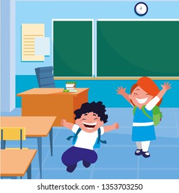 happy little interracial school kids in the classroom