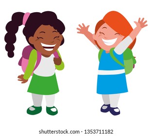 happy little interracial school kids characters