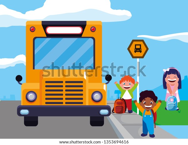 happy\
little interracial school kids in the bus\
stop