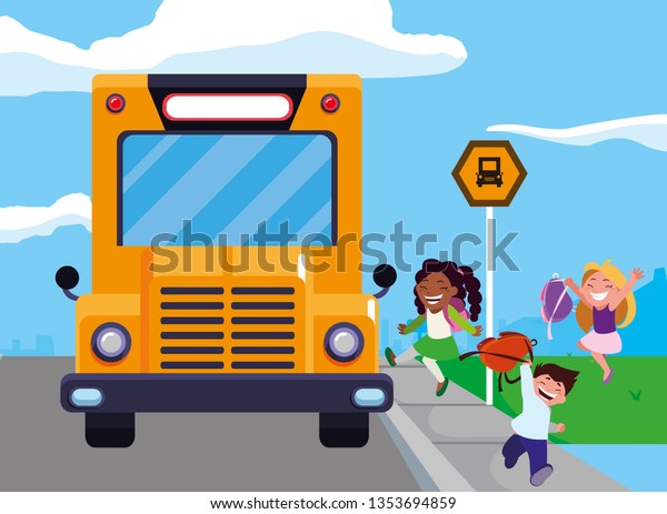happy\
little interracial school kids in the bus\
stop