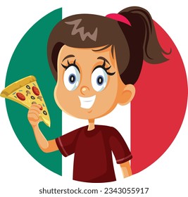 
Happy Little Italian Girl Eating Pizza Vector Cartoon illustration. Hungry child having a slice of traditional pizza dish 
