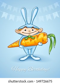 Happy little kid boy in rabbits costume with big carrot in his hands - EPS10 vector illustration