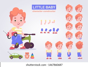 Happy little kid character with various views, face emotions, poses . Baby with toys: teddy bear, car, pyramid.  Front, side, back view animated character.