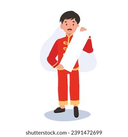 Happy Little Kid in Chinese Traditional Costume Holding Long Paper. Chinese New Year Celebration