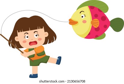 happy little kid fishing vector illustration